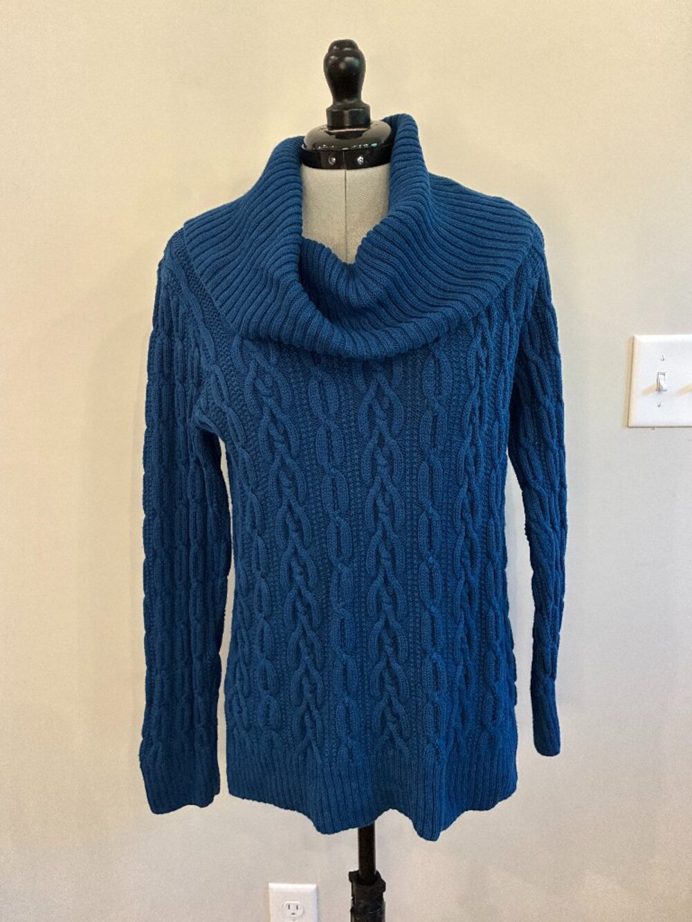 Jeanne Pierre 100% Cotton Cable Knit Cowl Neck Sweater Blue M 0375